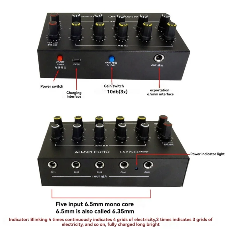 

NALFI-Microphone Expander 5 Channel 6.5Mm Microphone Mixer Rechargeable Microphone Expander