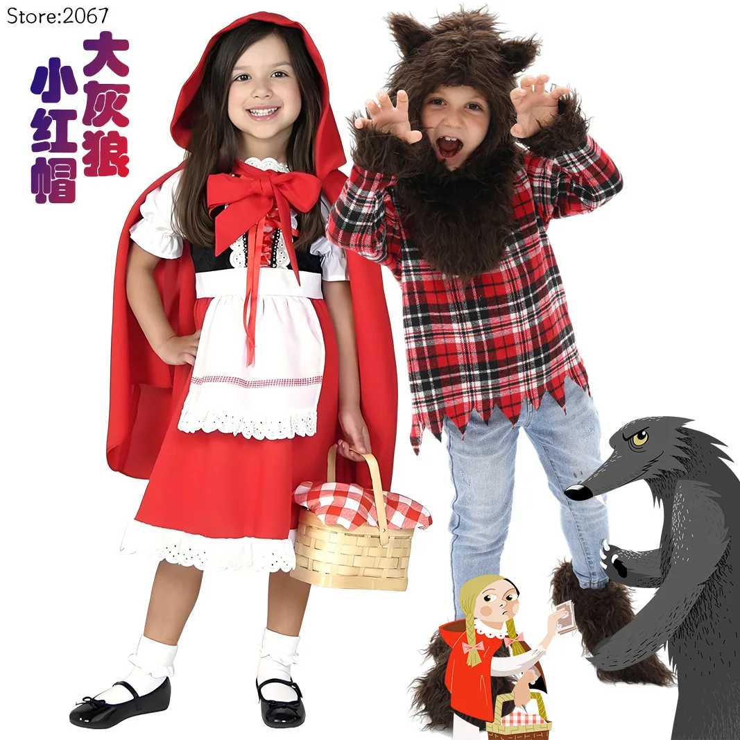 Disfraces de Halloween de Caperucita Roja y el Lobo Malvado para Niños, Trajes para Representaciones Teatrales de Cuentos de Hadas
