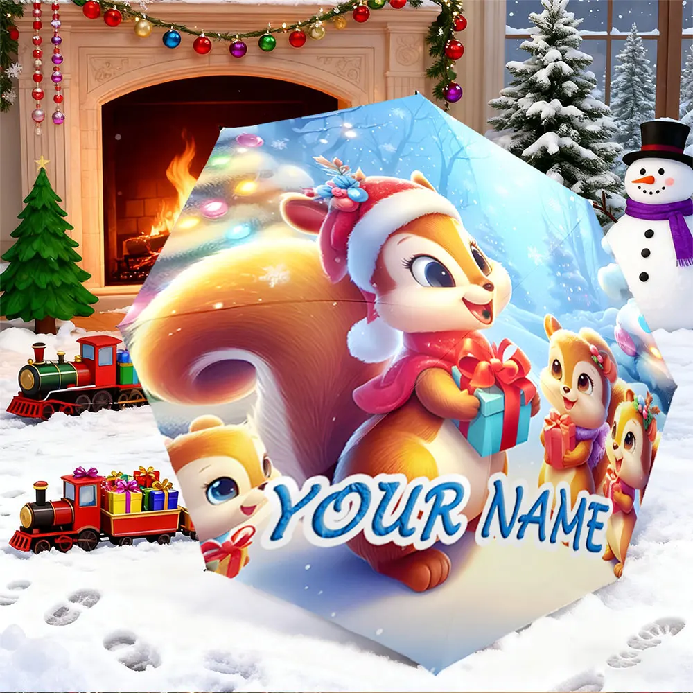 Custom Name Umbrella， Christmas Cartoon Squirrels with Gifts, Snowy Forest Scene ,Portable Folding Umbrella, Christmas Gift