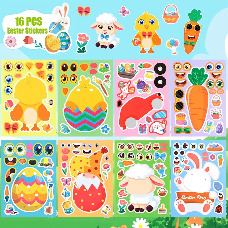 16/8 Pcs Easter Cartoon Puzzle Stickers Rabbit Eggs DIY Make a Face Assemble Decals 2025 Easter Party Kids Gift Game Jigsaw Toys