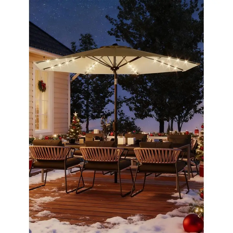 

Patio Umbrella with Lights, 8 Ribs Outdoor Market Table Umbrella for Pool, Deck, Backyard Beige, 9 ft