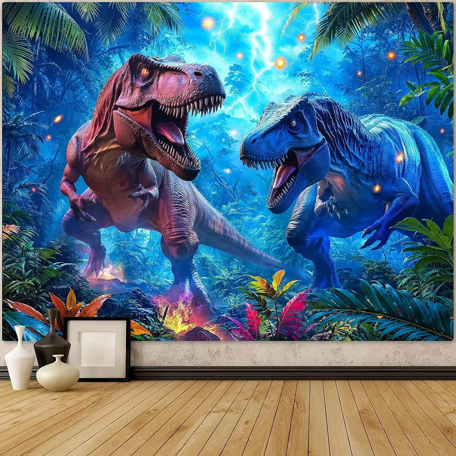 Giant Dinosaur Jungle Scene Tapestry Wall Hanging Art Prehistoric Dinosaur T-Rex Room Decor Poster 150x300cm