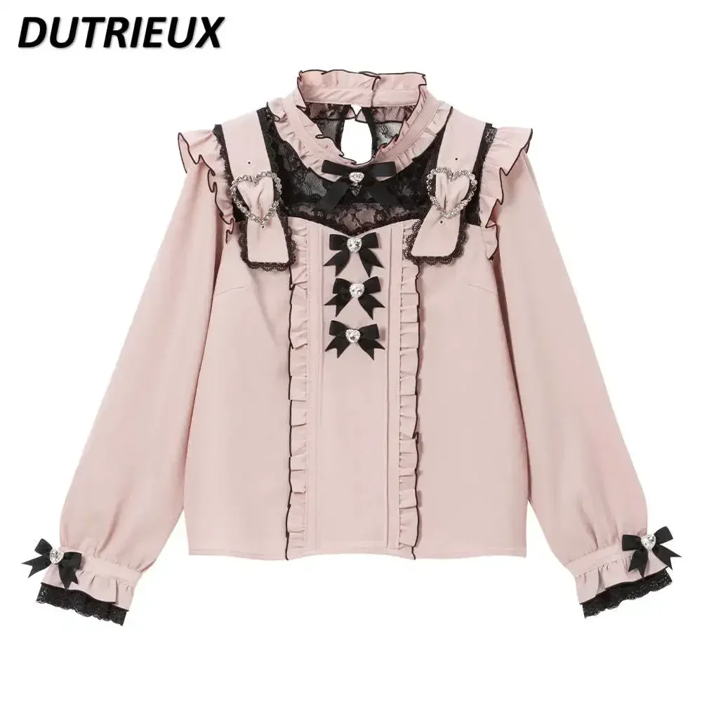 Spring and Summer New Japanese Sweet Blouse Wooden Ear Lolita Shirt Women Lace-up Cutout Lace Refined Grace Bow Sweet Pink Tops