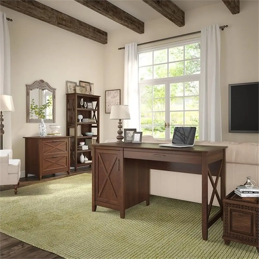 54W Computer Desk with Storage, 2 Drawer Lateral File Cabinet and 5 Shelf Bookcase in Bing Cherry