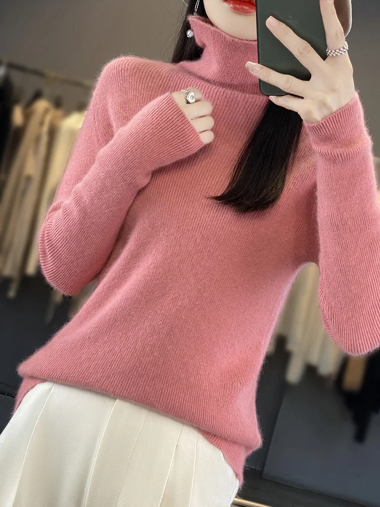 

Winter Spring Women Sweater Solid 100%Mink Cashmere Turtleneck Knitted Pullovers Slim Soft Warm Jumper Female Long Sleeve Tops