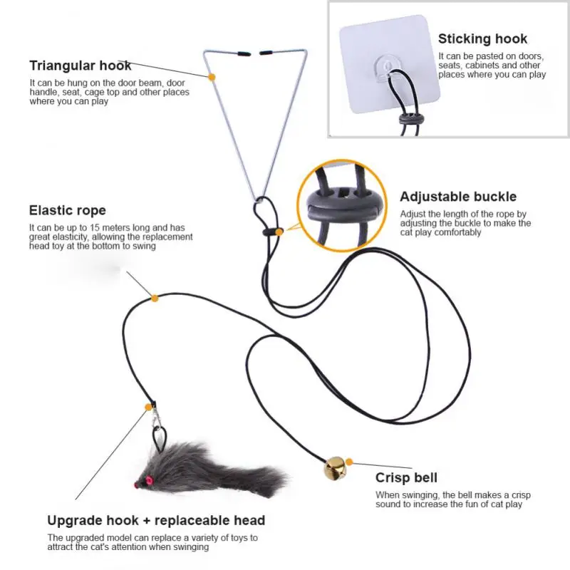 Mouse Cat Stick Door Hanging Adhesive Hook Interactive Funny Cats Play Exercise Cat Scratch Rope With Bell Retractable Mouse Toy