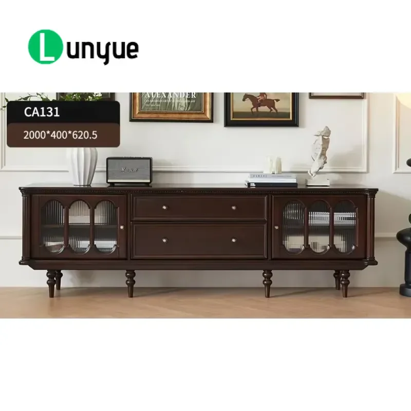 Vintage French Solid Wood TV Cabinet Black Walnut Finish With Drawer Storage Versatile Media Console For Living Room Bedroom