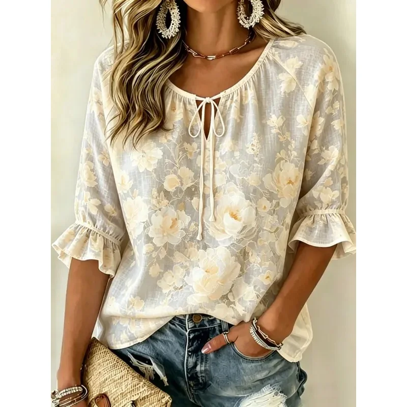 Women's Spring Summer 3D Printed Tie V Neck Blouse, Light Cream Pale Peony Hazy Soft Lazy Daily Blouse