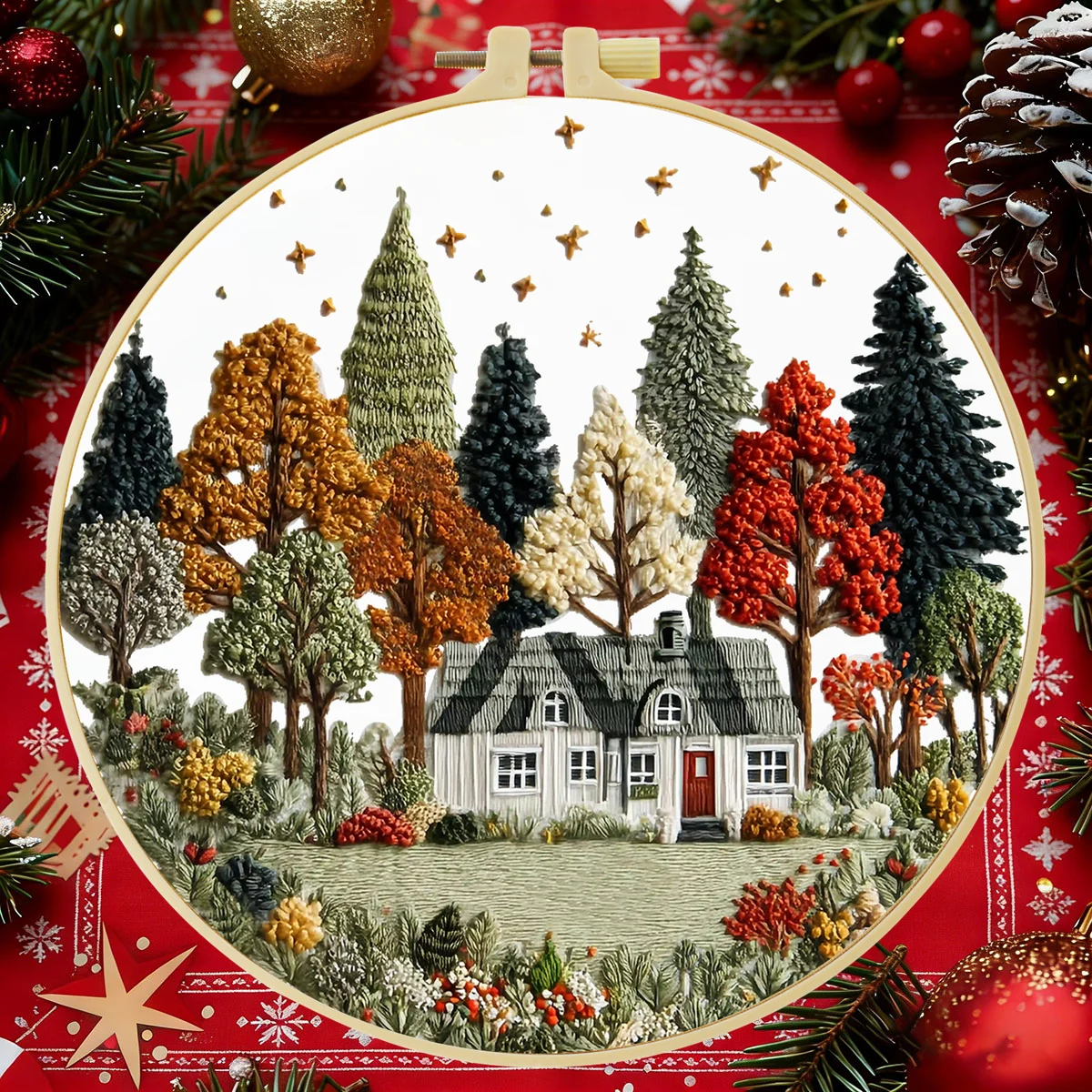 

1pc 20X20CM/15X15CM Trees and houses Embroidery Starter Kit DIY Cross Stitch Sewing Art for Gift