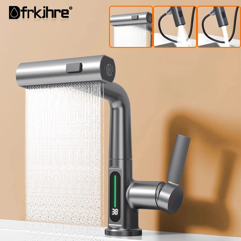 

Digital Display Basin Faucet Pull Out Lifting Bathroom Faucets 3 Ways Nozzle Rainfall Stream Sprayer Hot Cold Water Mixer Tap