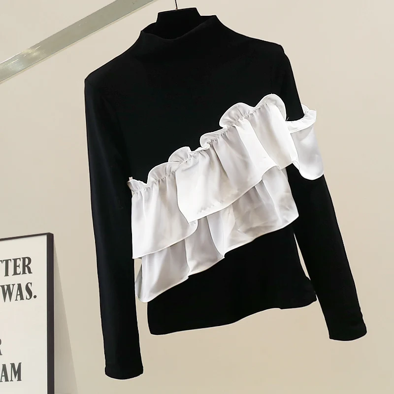 

Faionable Heavyweight Fce Lined Long Sve High Collar Women's Base irt Bla Ele Top with Lace Hem Splicing Design