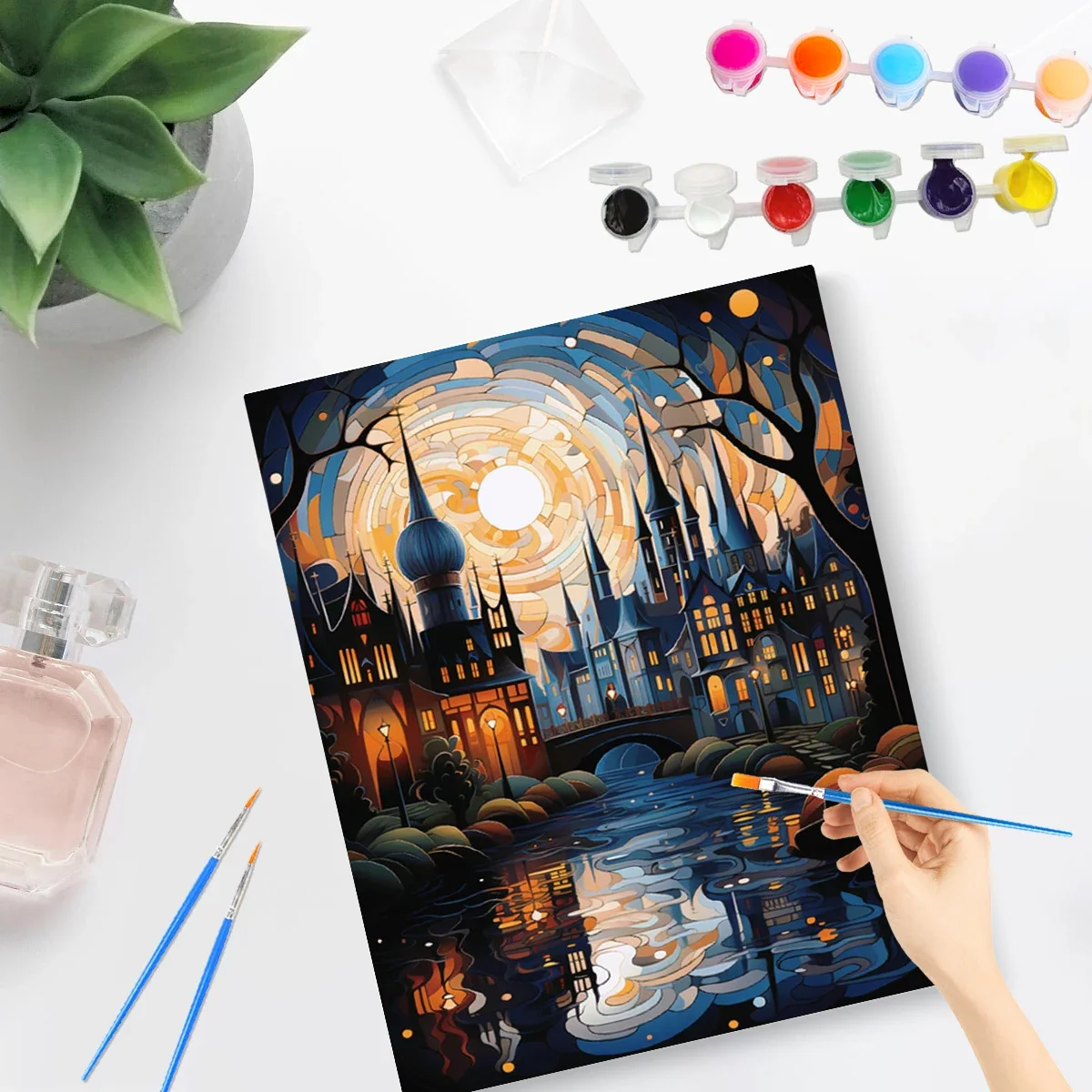 117963 PhotoCustom Painting By Numbers Kit With Frame Buildings Under The Moon Painting Paint Wall Art Painting Home Decor