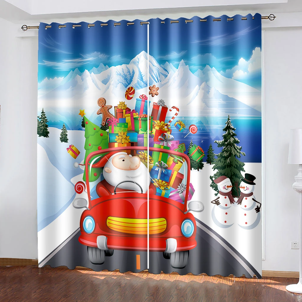 

Blue Kids Christmas Kawaii Curtain Decoration Cartoon Santa Claus Curtain Elk Snowman Christmas Tree Pattern