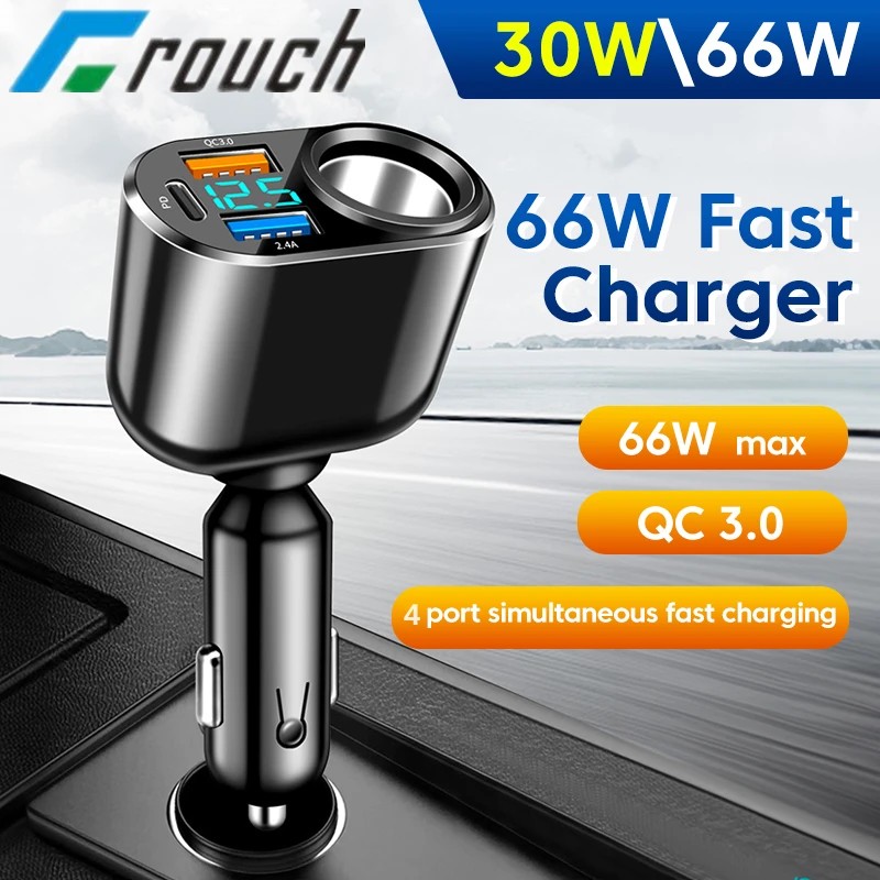 Crouch 66W Type C USB Car Charger Fast Charging PD QC 3.0 Car Cigarette Lighter Expansion Splitter Mutil Ports Car Phone Charger