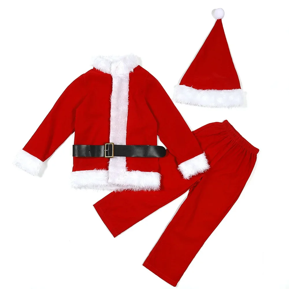 4 Piece Set Kid Christmas Santa Claus Cosplay Hat Top Pants Belt Red White Plush Holiday Clothes Children Performance Costumes