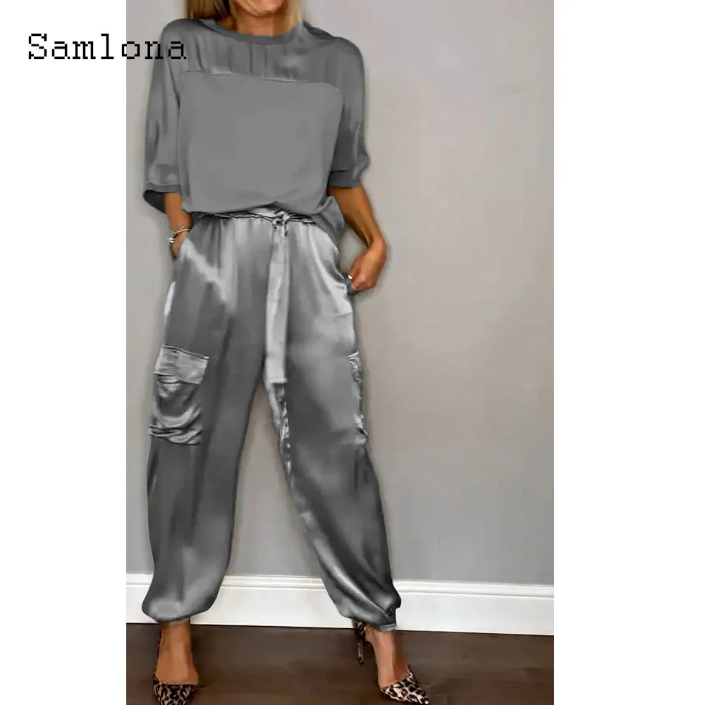 طقم بدلة رياضية من الساتان من قطعتين للنساء ، بلوزة غير رسمية ، بنطلون برباط كاكي ، بدلة عتيقة ، بلوزة مرقعة ، أنثى ، صيف ، جديد ، #5
