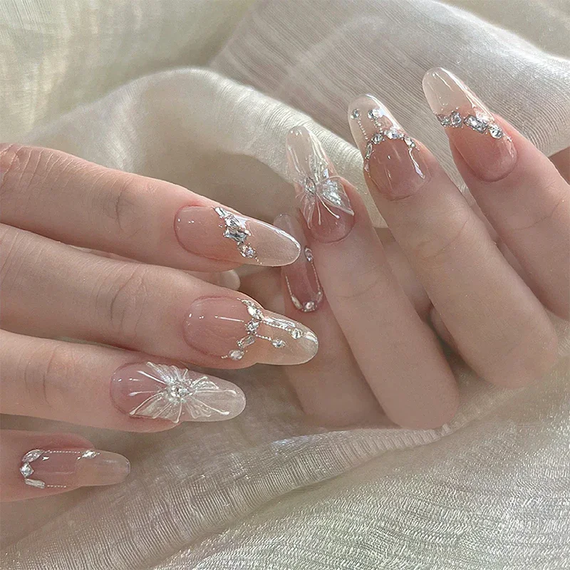 

24Pcs Simple Fake Nail With Jelly Glue Butterfly Design Pink White Gradient French Press On False Nails Full Cover Nail Tips