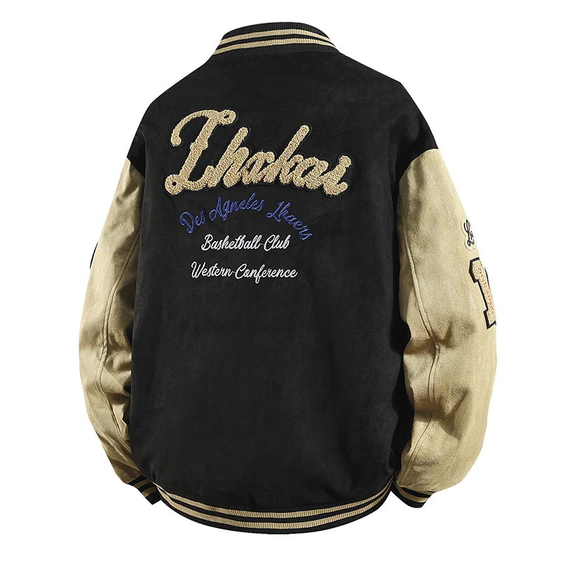 Chaqueta universitaria bordada de gamuza de Hip Hop para hombre, chaqueta de béisbol de manga larga con gráfico de letras y bloques de Color, abrigo Bomber