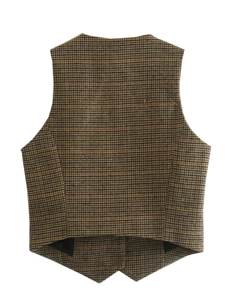 Women 2024 Fashion Streetwear Houndstooth Print Brown Long Vest Girls Casual V-Neck Single Breasted Sleeveless Tops Outwear