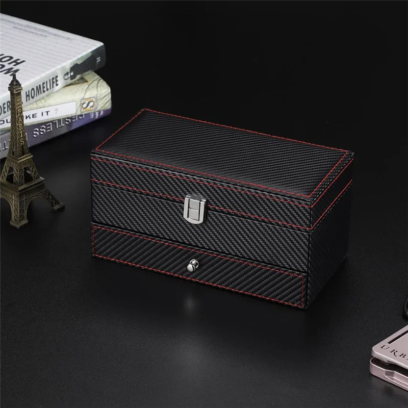 Fashion 4 Grids Double Layers Watch Box Case Carbon Fiber Watch Rings Earrings Display Storage Holder Organizer Jewelry Box Gift