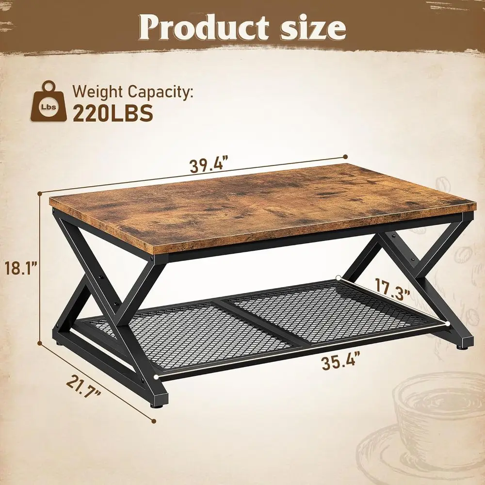 Coffee Table with Storage & Shelf for Living Room, Rustic Brown | Wooden & Metal, Holds Magazines & Drinks, Industrial Design, 3