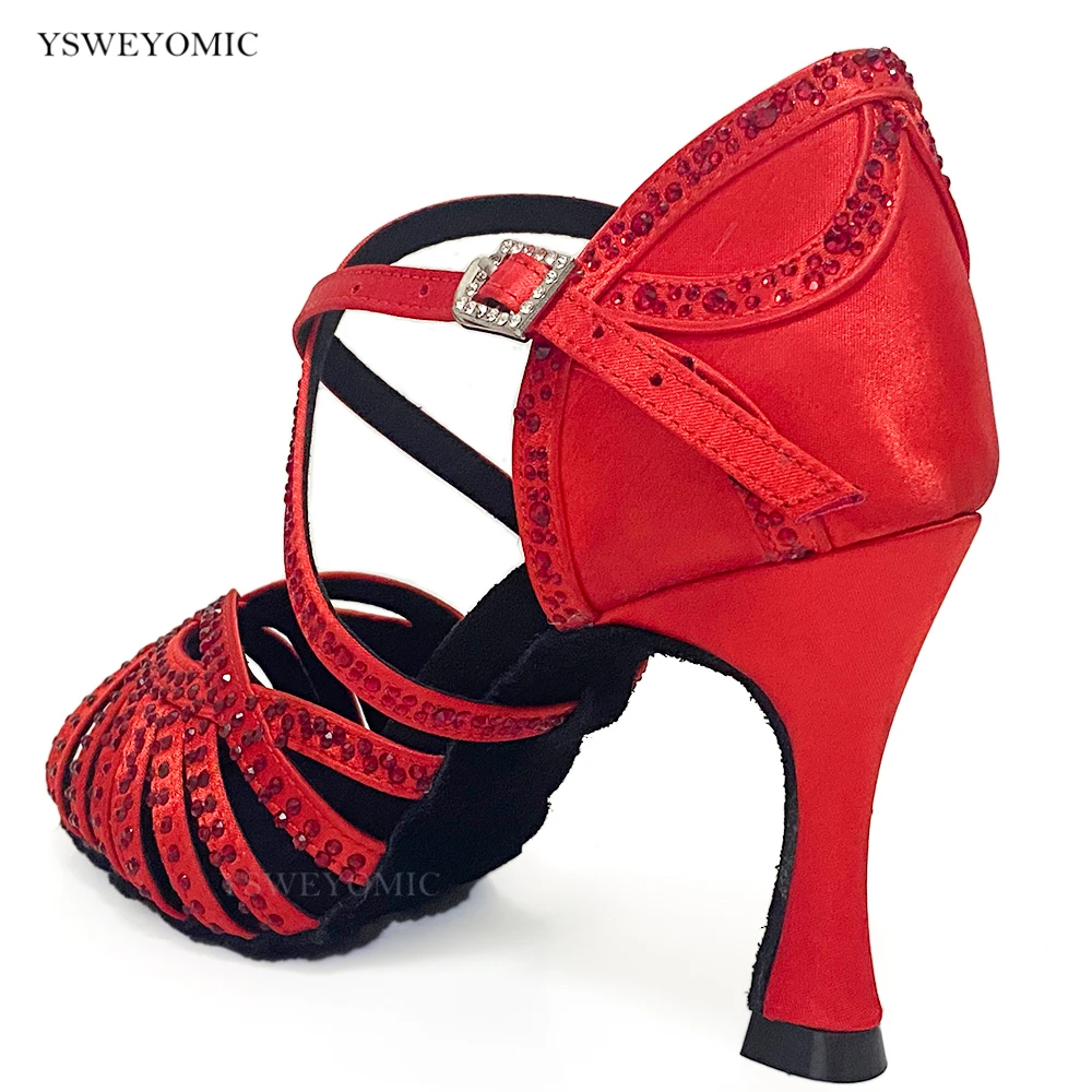 Red Rhinestones Red Satin Customized Indoor Outdoor Latin Dancing Shoes 2023 New Style Latin Ballroom Salsa Party Shoes For Girl