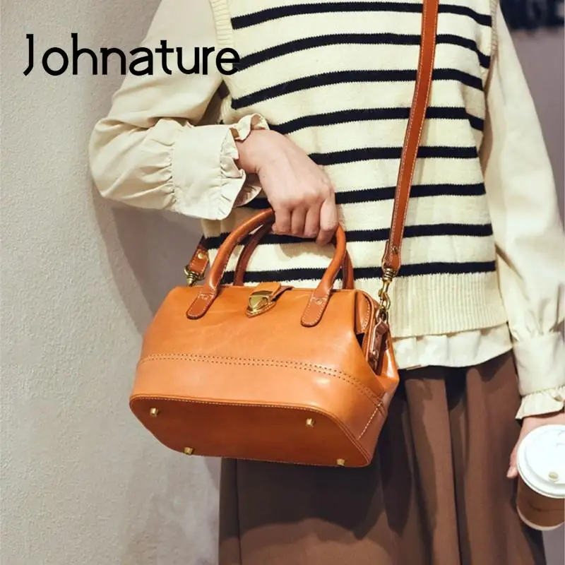 Johnature Vintage Doctor Bag Genuine Leather Large Capacity Commuter Women Shoulder Bags Real Cowhide Color Contrast Handbag