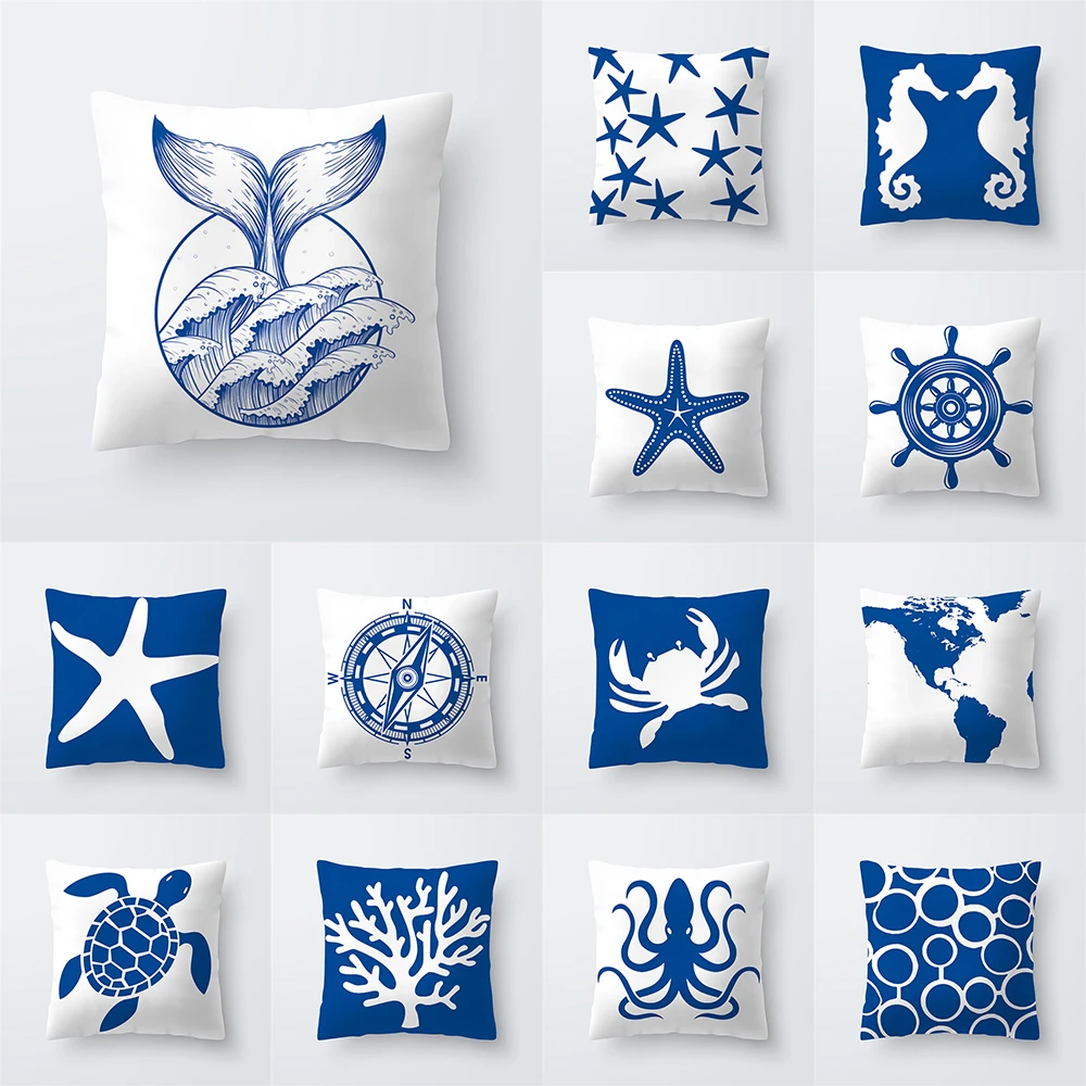 Blue and white ocean breeze Double-sided Printed pillow cover Short plush Suitable living rooms bedrooms throw cushion cover