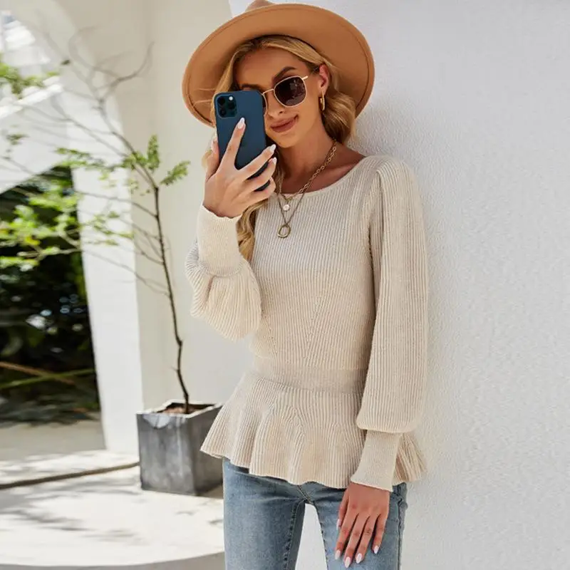 

Women's Knitted Sweater Waist up Lantern Sve Top Slim Fit Commute Sle Polyester Fiber Hooded Winter Faion Pure Color