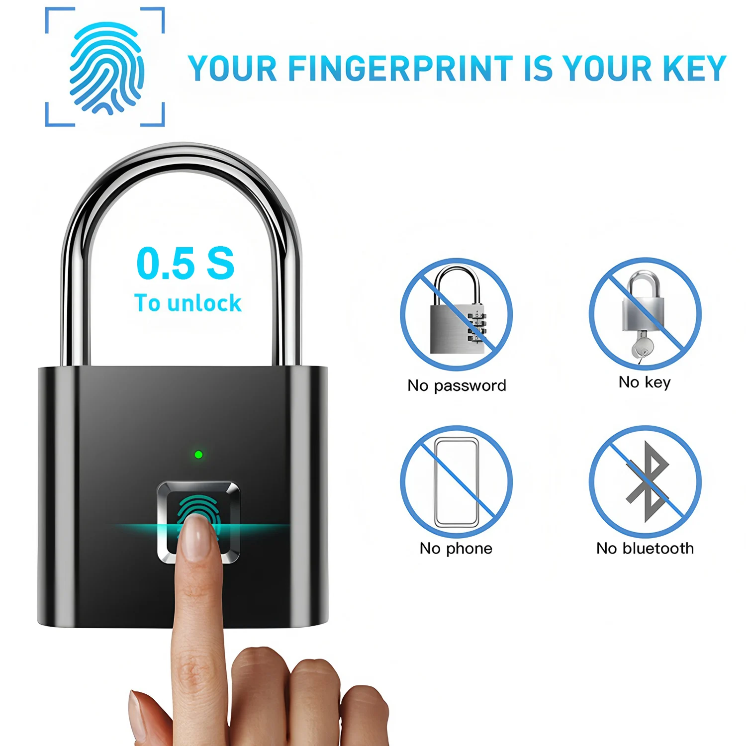 Fingerprint Lock Keyless USB Charging Smart Padlock Waterproof Door Lock 0.2sec Unlock Portable Anti-theft Padlock Zinc