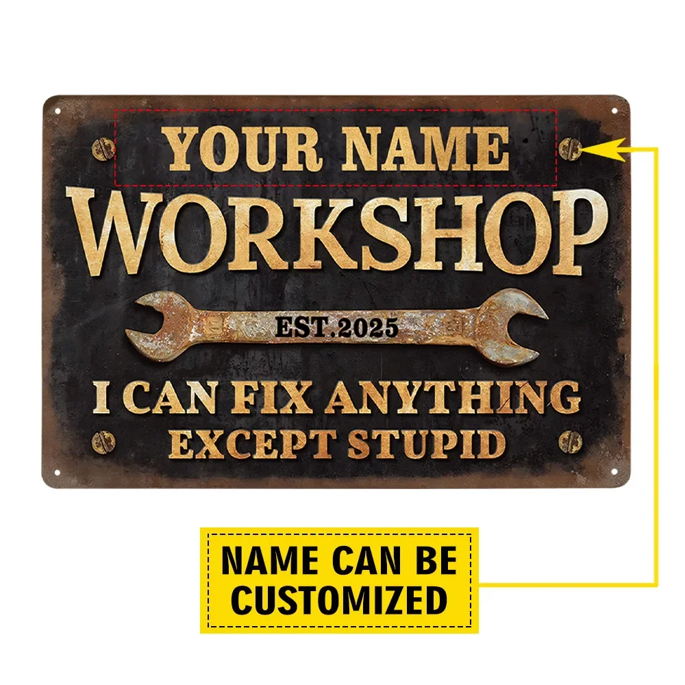 

Custom Vintage Workshop Sign Personalized Metal Wall Art for Garage Industrial Retro Artwork Man Cave Decoration Unique Gift