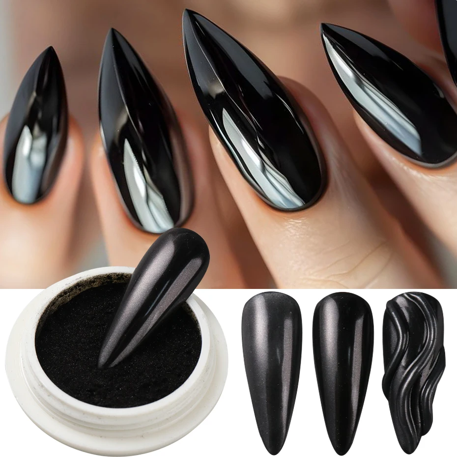 1 Box schwarzer Chrom-Spiegel-Nagelpulver, metallisches Reibpulver, Pigment, magischer Spiegel, Nagelglitzerstaub, 1 Pinsel, Maniküre-Dekoration