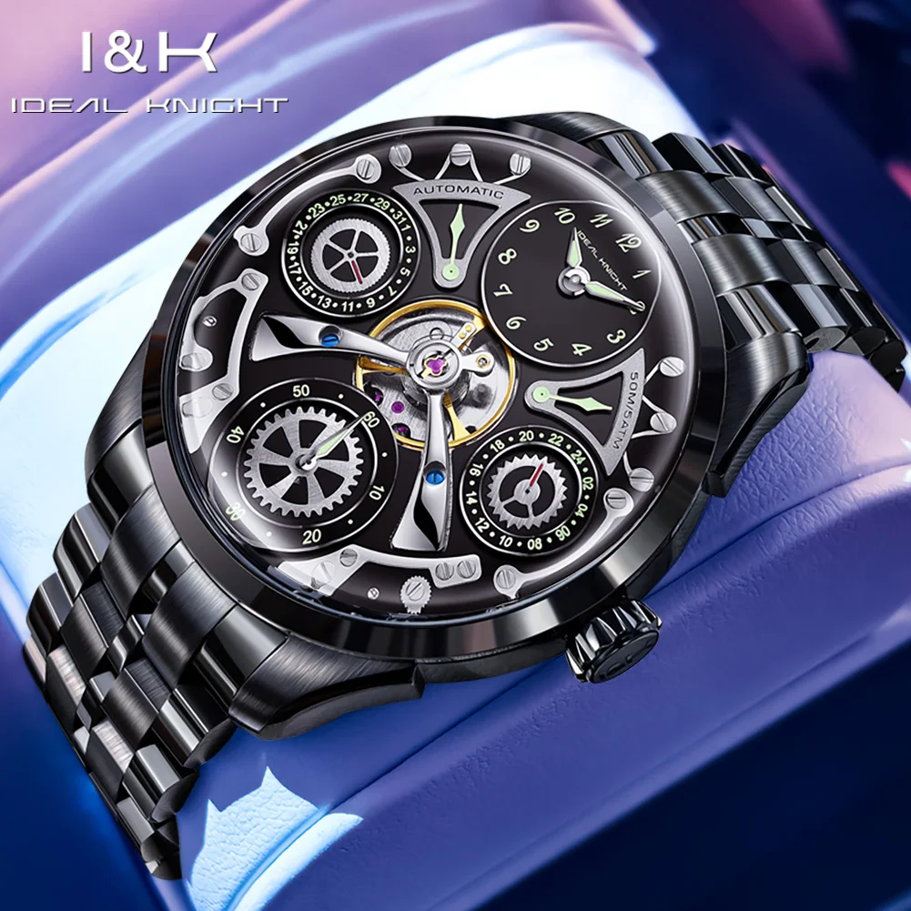 IDEAL KNIGHT 6820 Men's Watch Skeleton Multifunctional Dial Black Stainless steel Automatic Mechanical Watch for Men