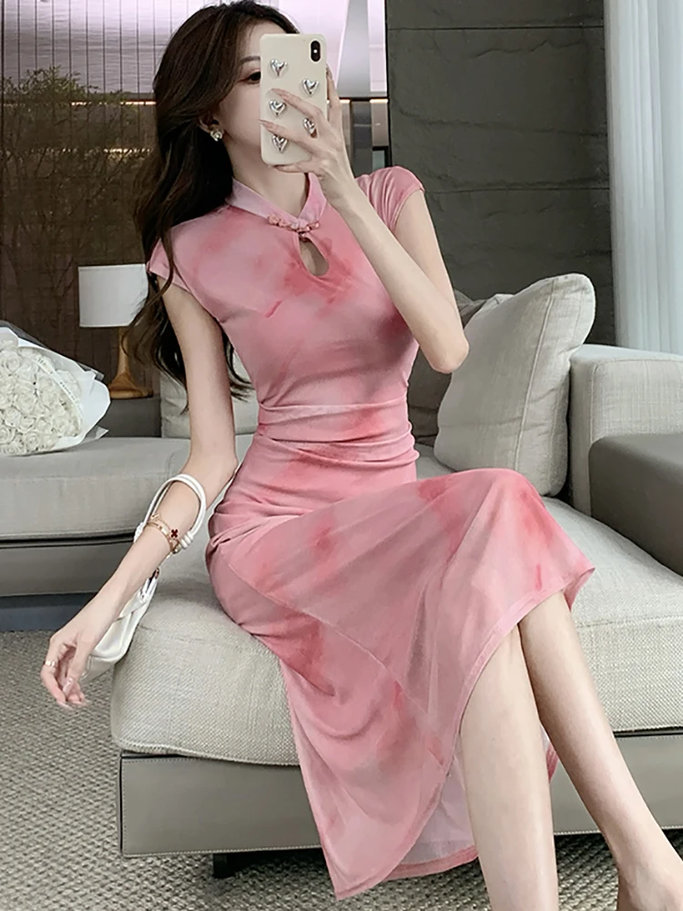 Sommer rosa Farbverlauf schick ärmelloses langes Kleid Frauen koreanische Vintage Luxus Festival Kleider elegante Bodycon Party Vestidos