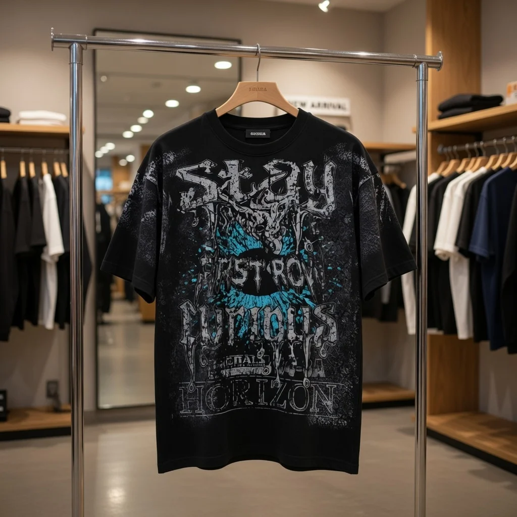 FIRST ROW TEE Oversized Graphic Print T-Shirt All-Over Bleach Wash Eye Skull Design Streetwear Unisex Casual Top