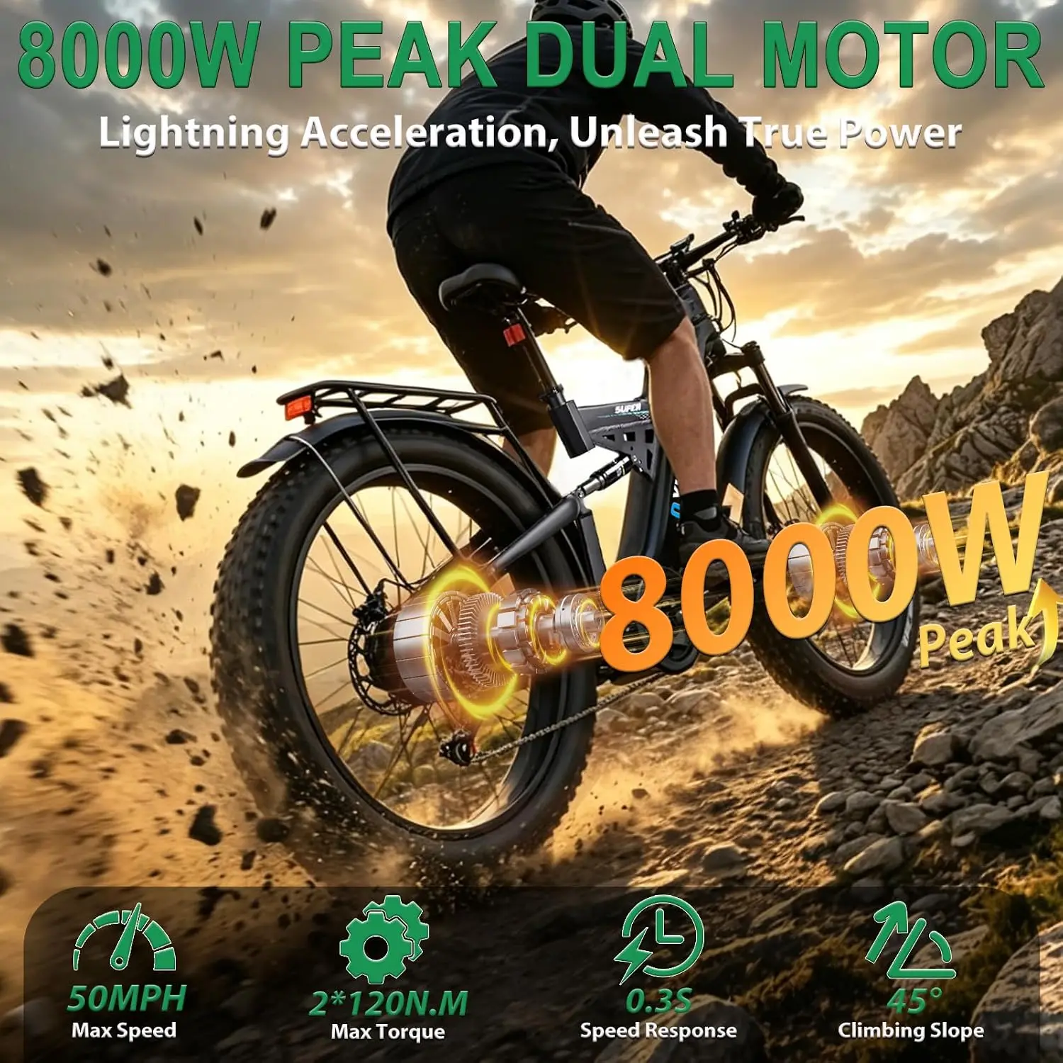 Dual Motor Ebike for Adults 8000W Peak 50 MPH Electric Hunting Bicycle, Customized