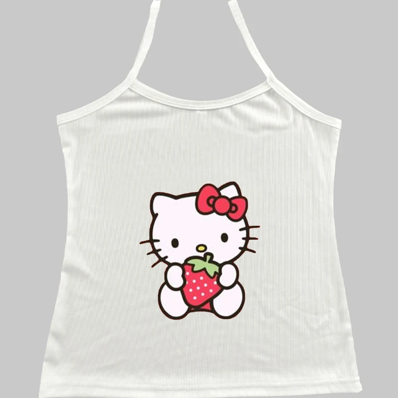 Japan Style Sanrio Hello Kitty Sling Tank Top Women's Short Crop Tops Y2k Cute Anime Print Casual Clothes 2000s Aesthetic