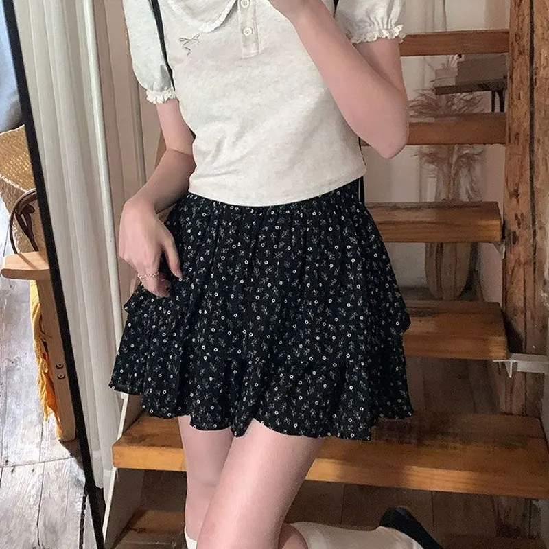 

Summer Vintage Broken Flowers Layered Skirts High Waist Elastic Women's Clothing Stylish Spliced Elegant A-Line Mini Skirts New