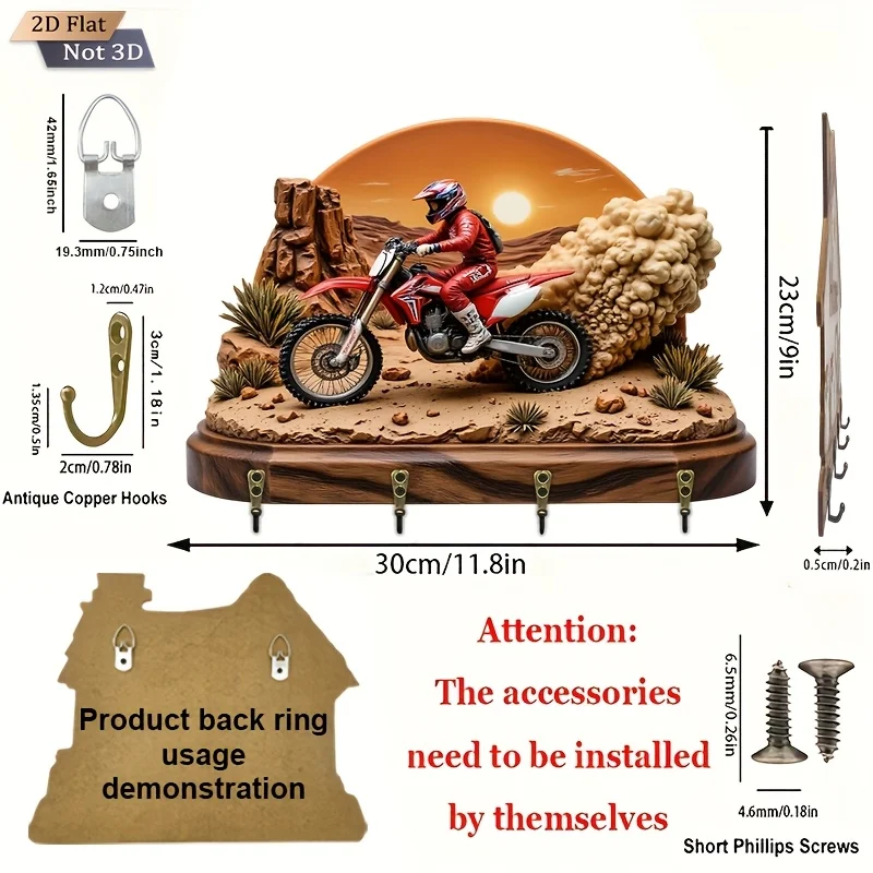2D Flat. 1pc. Desert Motorcycle Key Hook - Wooden Multi-Functional Decorative Holder with Four Metal Hooks, Wall Décor for Room - Image 3