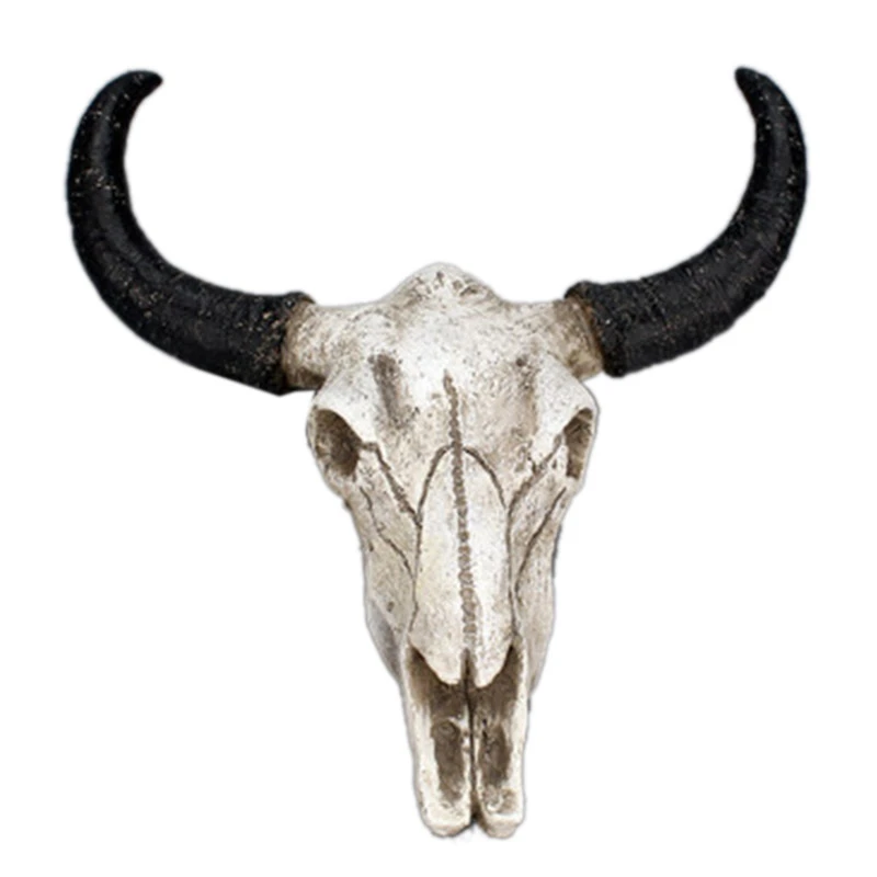 Resin Cow Skull Head Wall Hanging Decoration 3D Animal Wildlife Sculpture Figurines Crafts Horns for Home