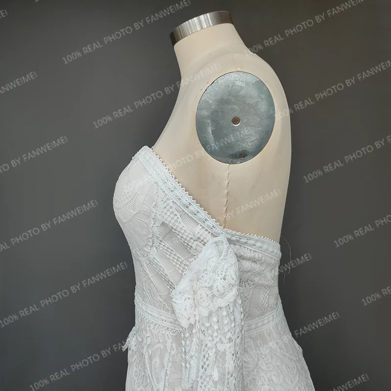 11793 #   Moderne sweep trein strapless flare mouw a-lijn trouwjurk elegante op maat gemaakte illusie kant Bohemen bruidsjurk