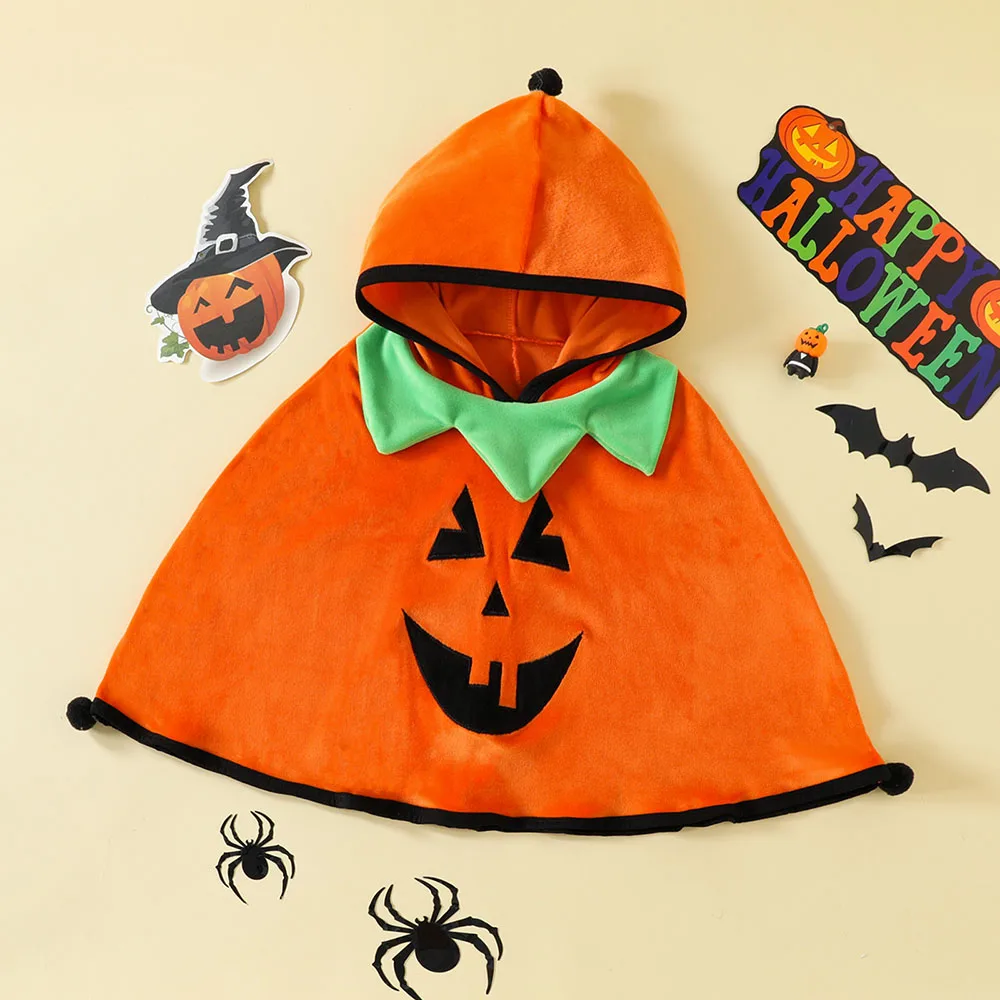 2024 Kids clothes Halloween Unisex Sleeveless Ghost Pumpkin print Hooded Cloak Cute Kids Cosplay outfit