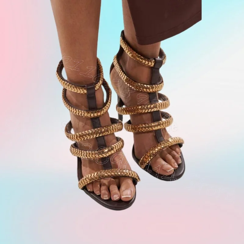 

Gold Chain Hollow Design Open Toe Sandals Back Zipper Women Shoes Thin High Heel Party Banquet Dating 2026 Zapatos Para Mujere