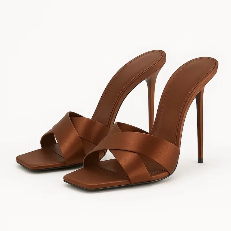Summer New Silk Cross Fine Strap High Heel Drag Square Head Fine Heel Show White Banquet Outerwear Fashion Cool Drag