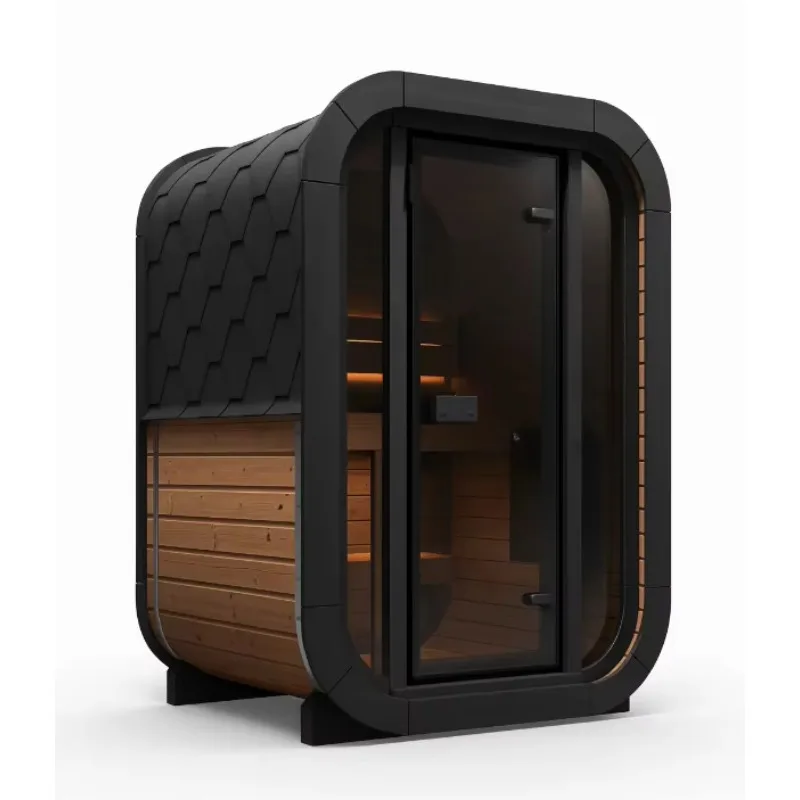 Customized 2 Person Outdoor Mini Cube Sauna, Black Solid Wood Wet Steam Sauna Room with Stove and Heating Stones