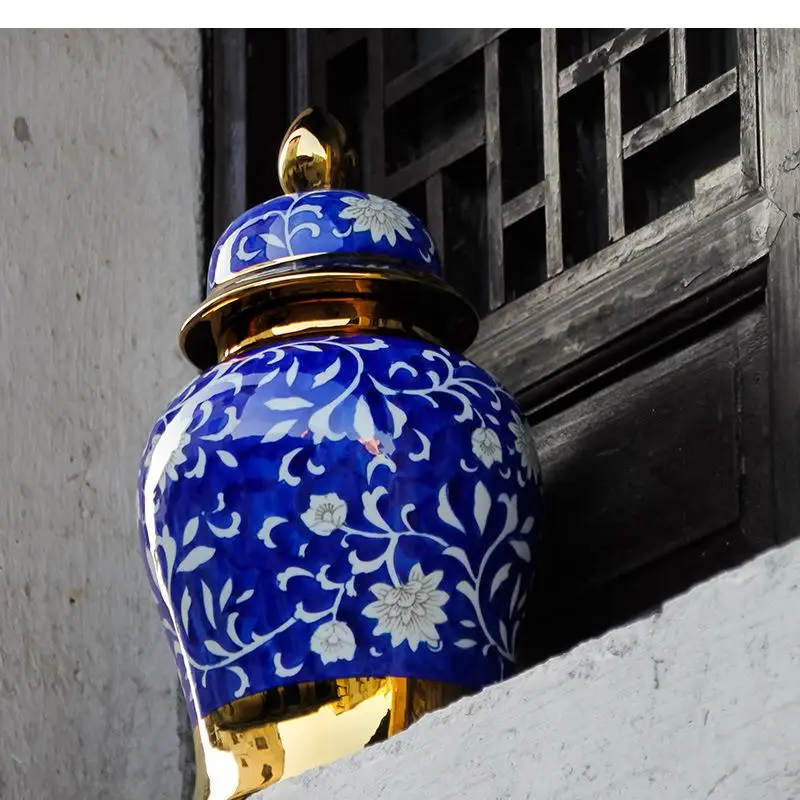 Imagem -03 - Estilo Chinês Cerâmica Gengibre Jar Decoração de Artesanato em Casa Sala de Armazenamento Alívio Azul e Branco Porcelana Vaso Geral