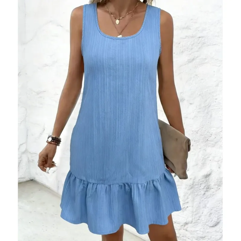 

Basic Solid Color Women's Mini Dress Fashion Splicing Design Round Neck Loose Sleeveless Dresses Summer A-line Vestidos For Lady