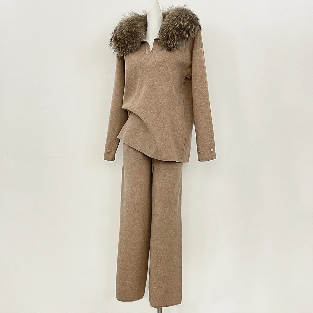 Sweater Knitted Suit Woman Reality Knitwear Knitted Set Female Real Fox Fur Collar Clothes Real Fur Pullover New Spring Autumn