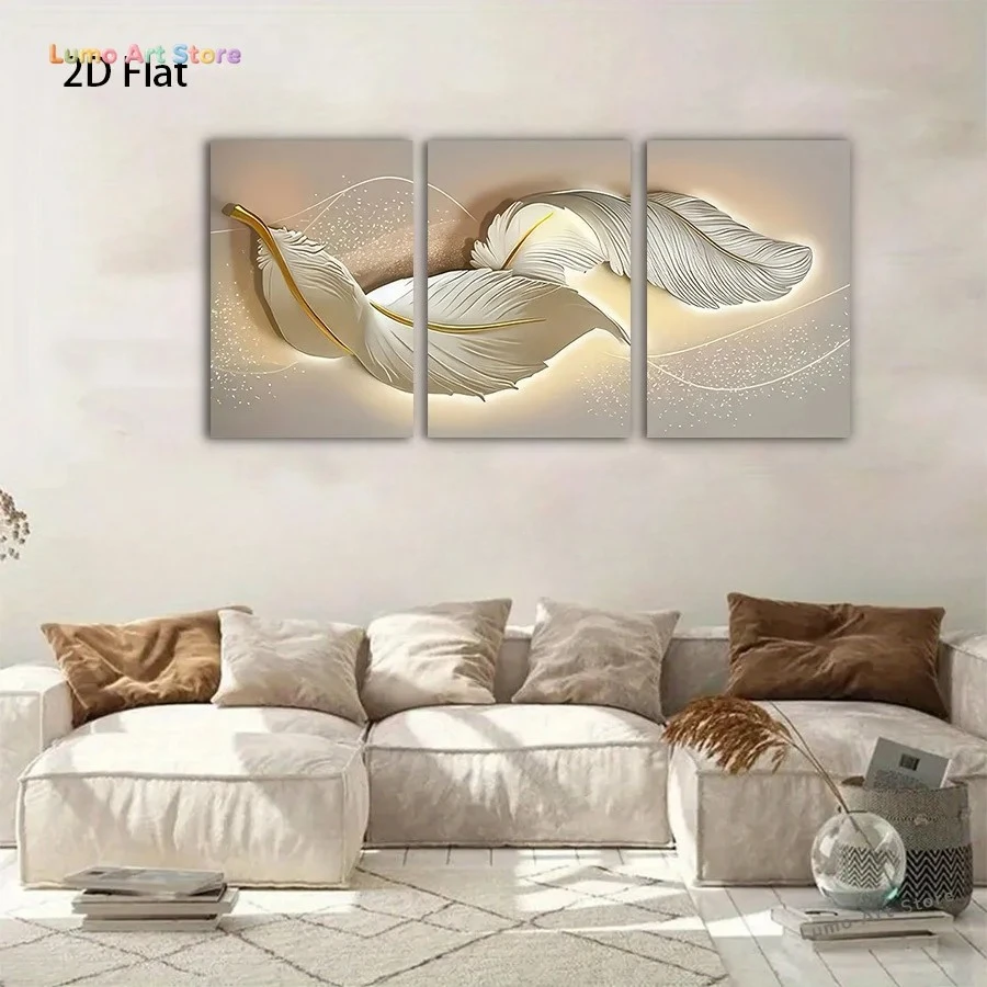 2D Flat, 3pcs Frameless Canvas Poster, 2D Flat, White and Golden Feather Wall Art for Halloween & Christmas Gifts – Perfect D