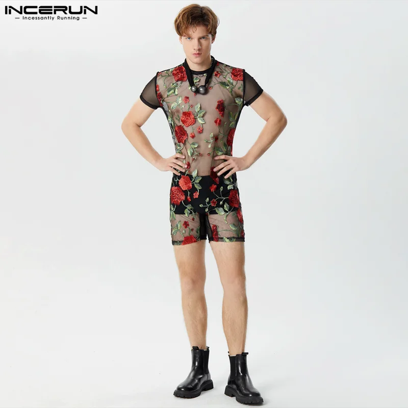 INCERUN 2024 American Style Sexy Styklish New Men Jumpsuits See-through Thin O-Neck Flower Printing Short Sleeve Bodysuits S-3XL